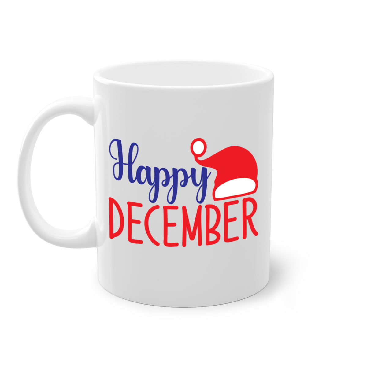 Happy December 135# winter mug with a glossy finish, featuring a colored handle and interior, available in multiple colors.