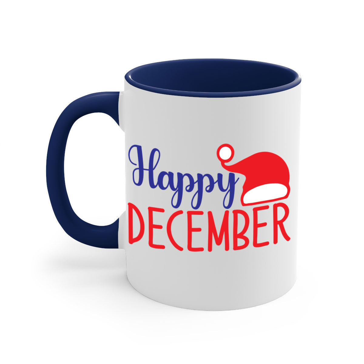 Happy December 135# winter mug with a glossy finish, featuring a colored handle and interior, available in multiple colors.