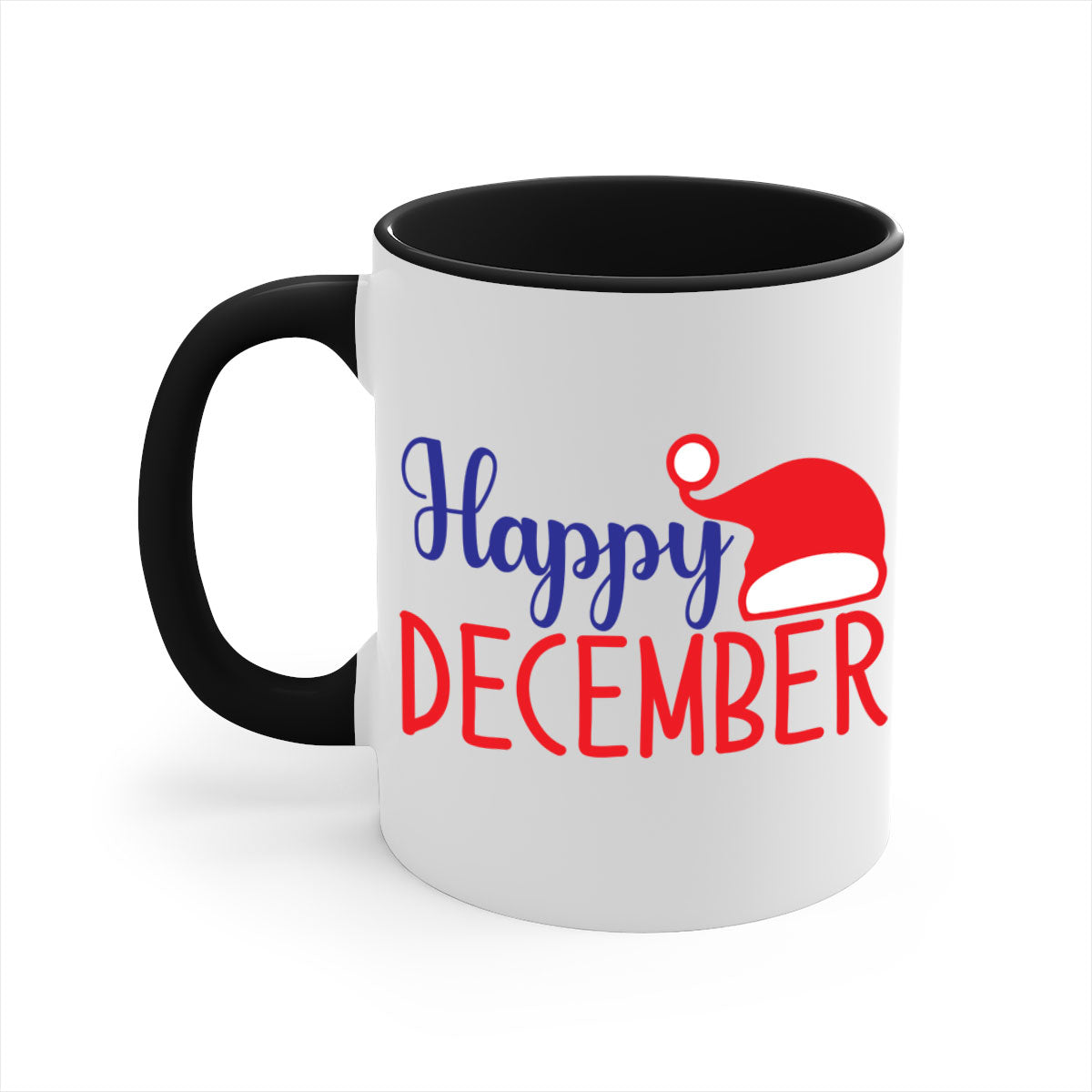 Happy December 135# winter mug with a glossy finish, featuring a colored handle and interior, available in multiple colors.