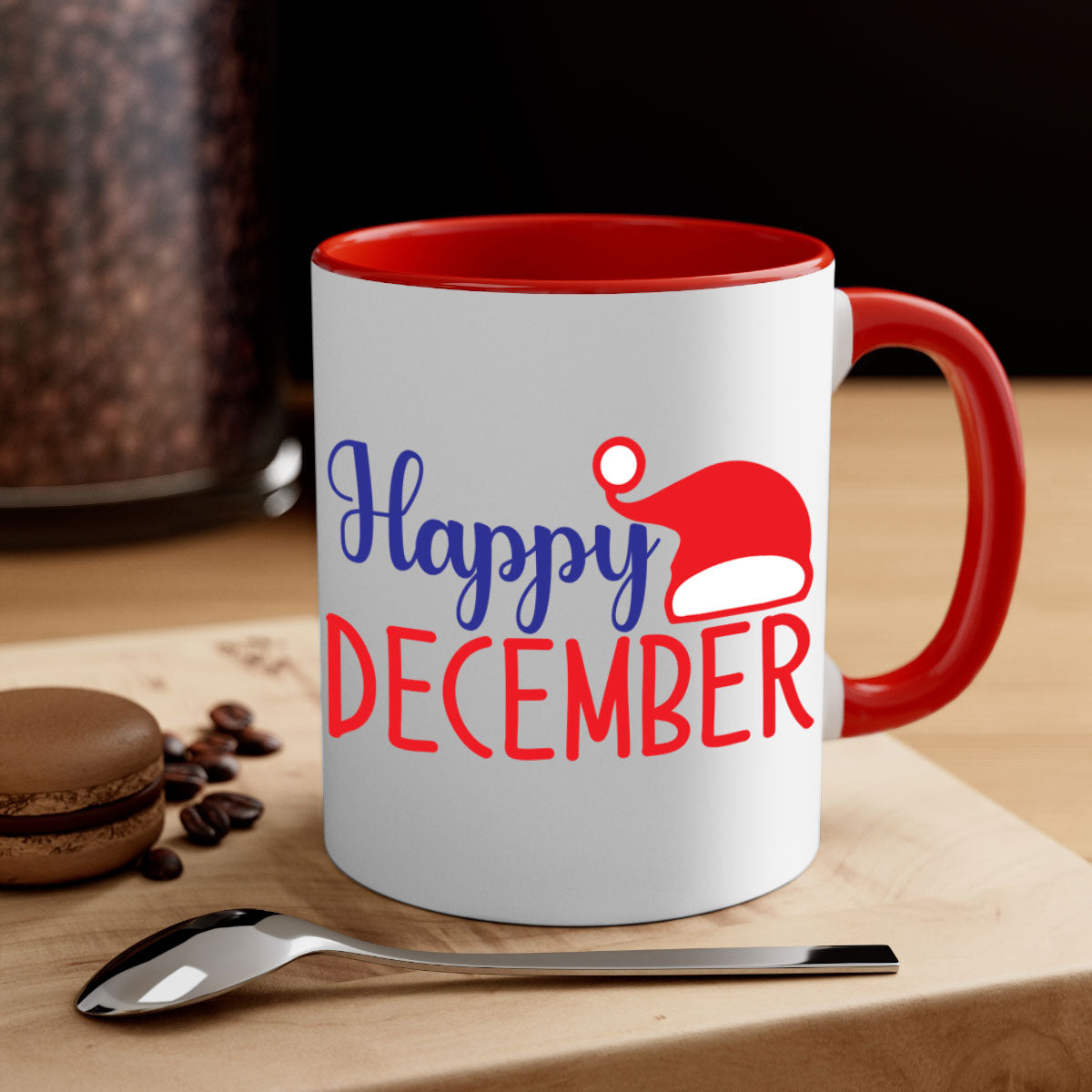 Happy December 135# winter mug with a glossy finish, featuring a colored handle and interior, available in multiple colors.