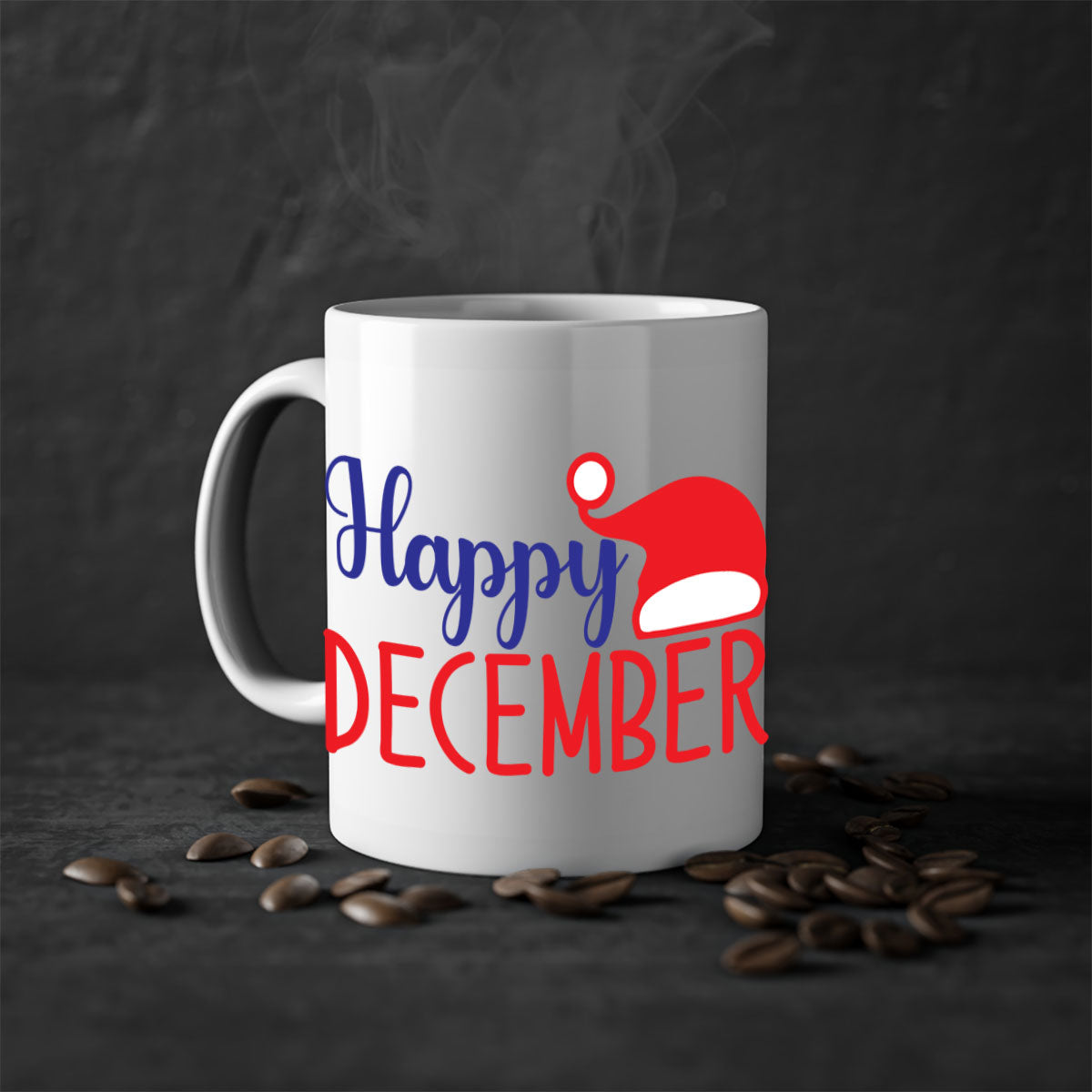 Happy December 135# winter mug with a glossy finish, featuring a colored handle and interior, available in multiple colors.