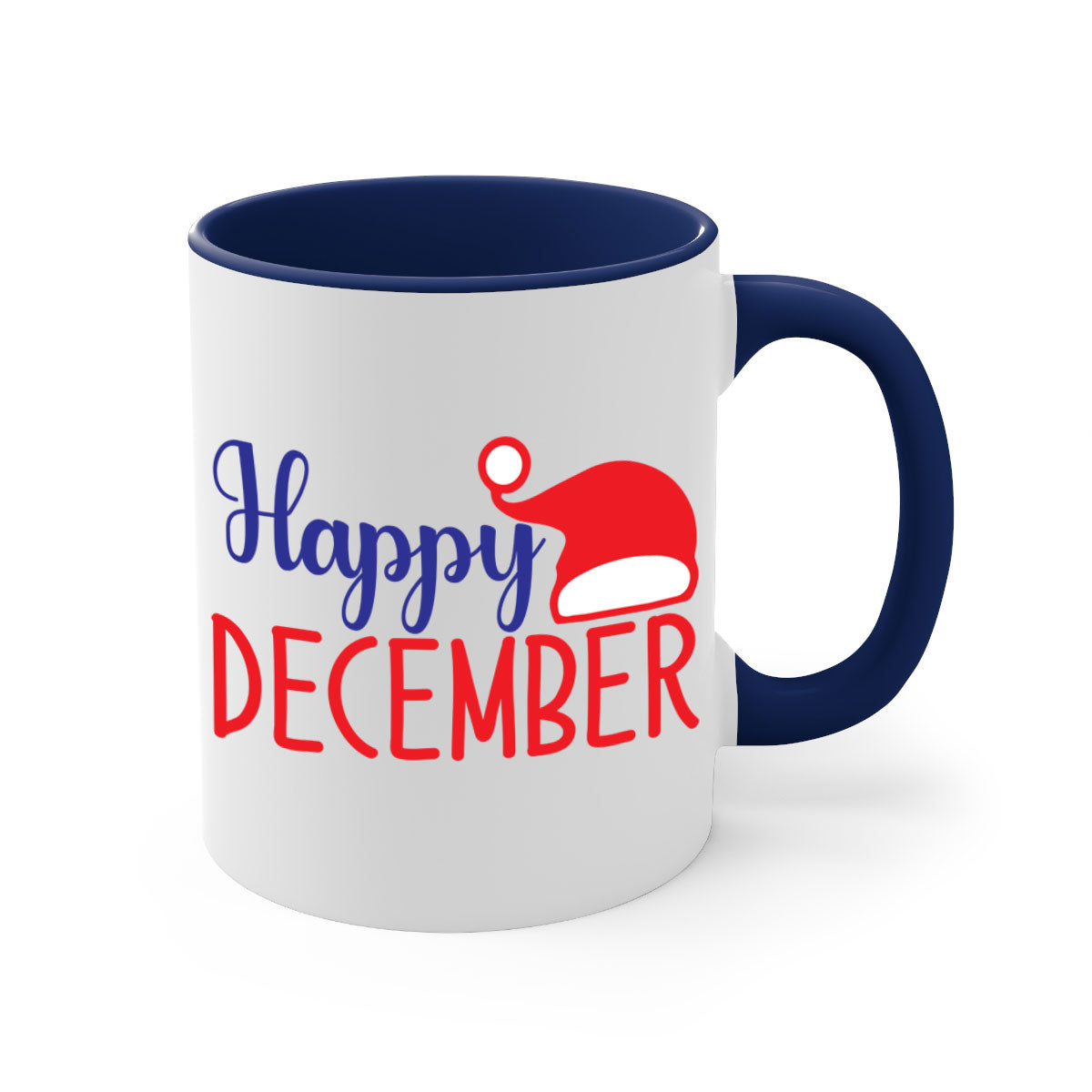 Happy December 135# winter mug with a glossy finish, featuring a colored handle and interior, available in multiple colors.