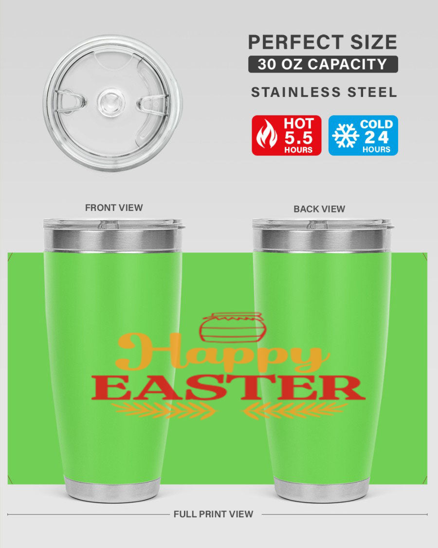 Happy Easter 157# Tumbler in vibrant colors, showcasing double wall vacuum stainless steel design with a drink-thru lid.