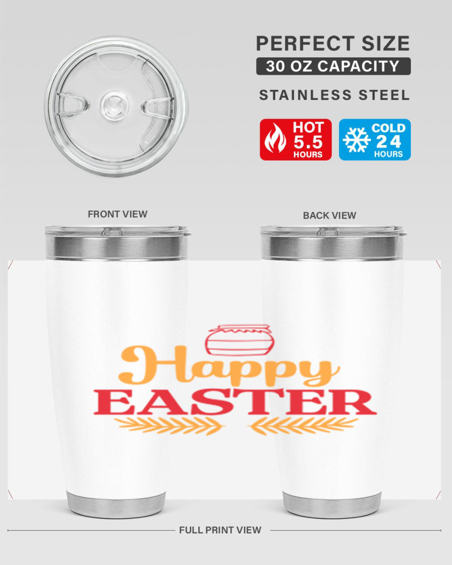 Happy Easter 157# Tumbler in vibrant colors, showcasing double wall vacuum stainless steel design with a drink-thru lid.