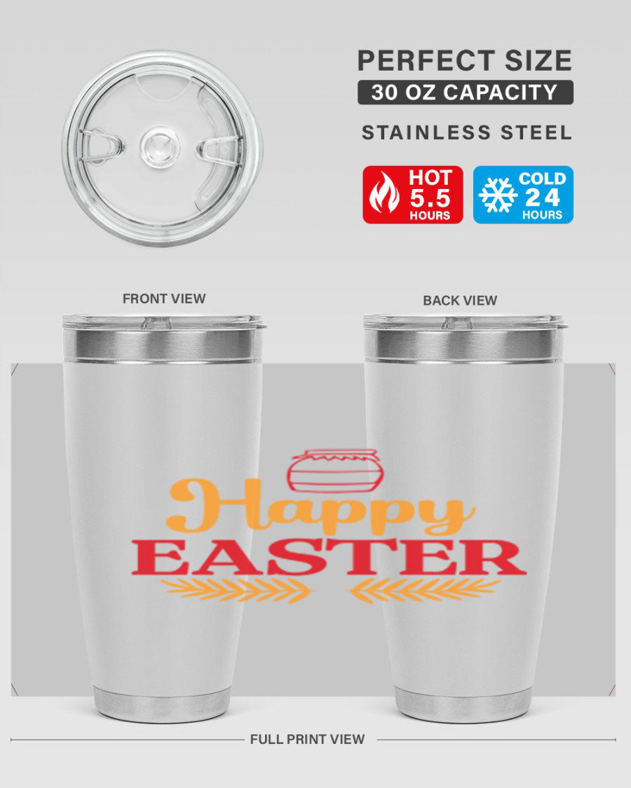 Happy Easter 157# Tumbler in vibrant colors, showcasing double wall vacuum stainless steel design with a drink-thru lid.