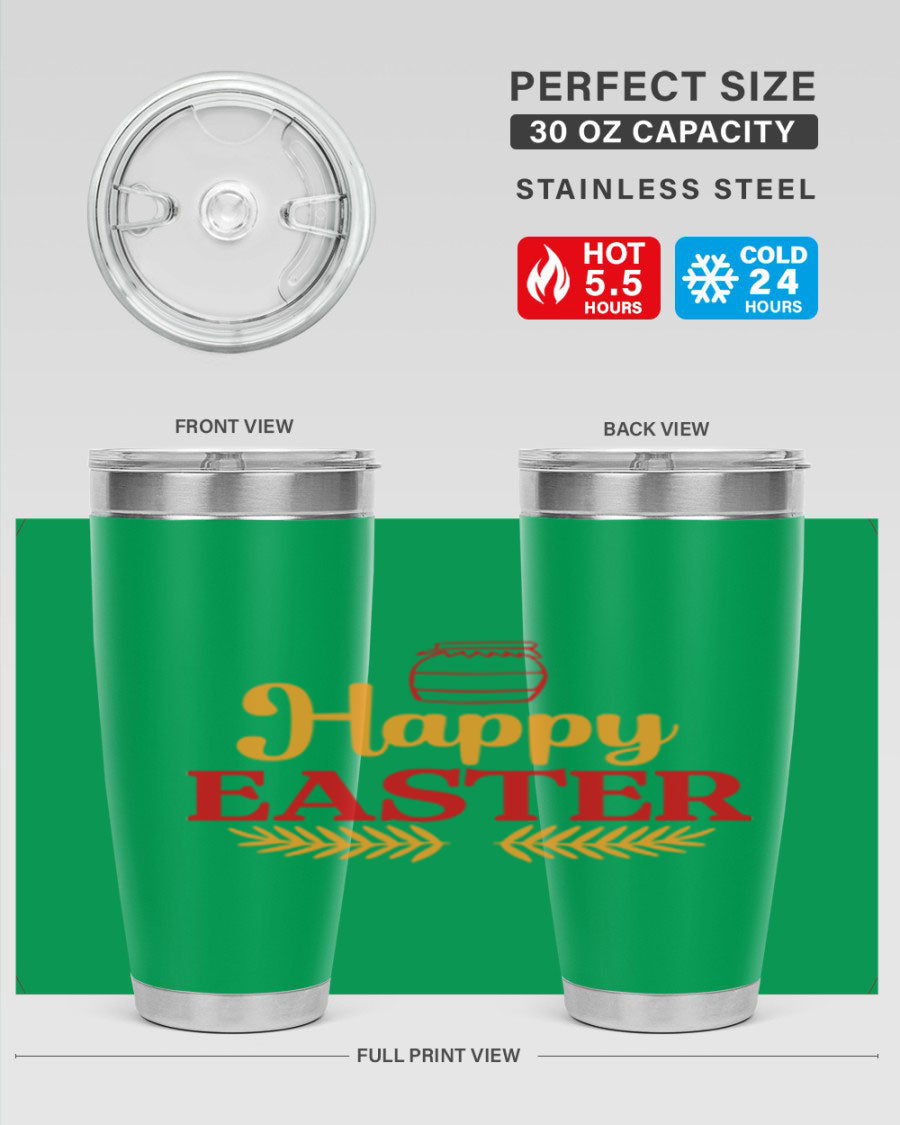 Happy Easter 157# Tumbler in vibrant colors, showcasing double wall vacuum stainless steel design with a drink-thru lid.