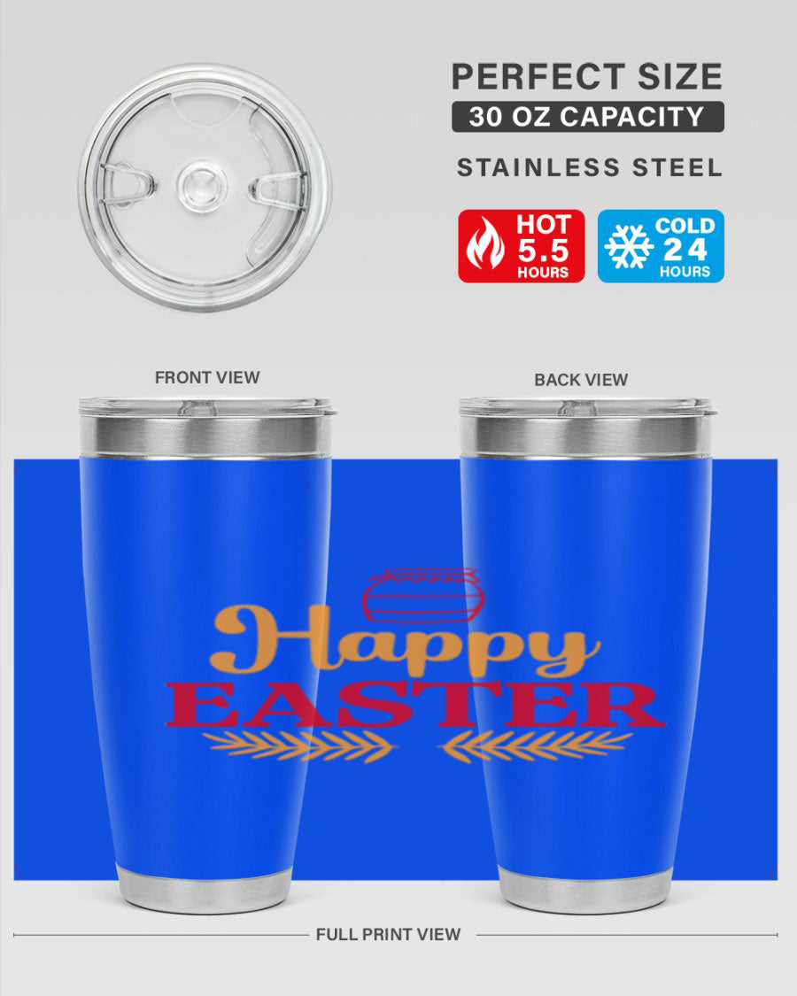 Happy Easter 157# Tumbler in vibrant colors, showcasing double wall vacuum stainless steel design with a drink-thru lid.