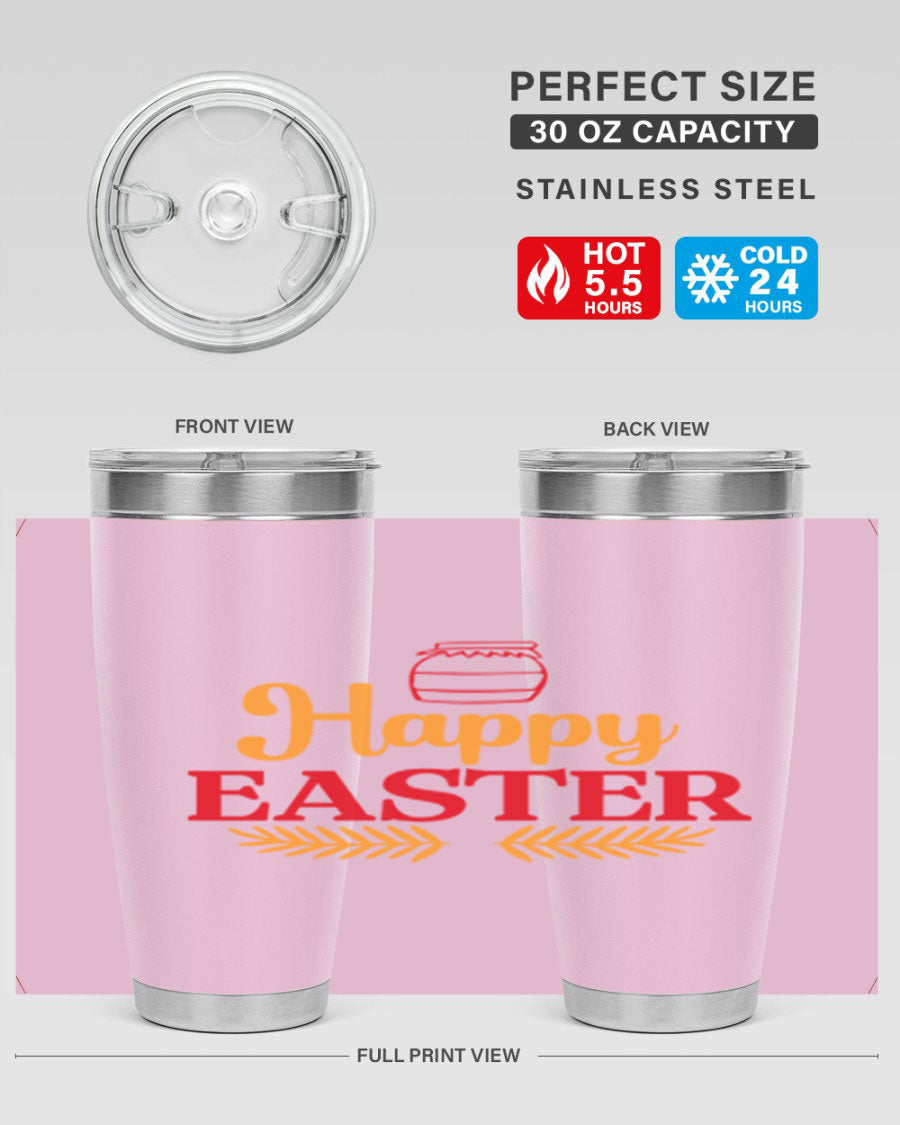 Happy Easter 157# Tumbler in vibrant colors, showcasing double wall vacuum stainless steel design with a drink-thru lid.