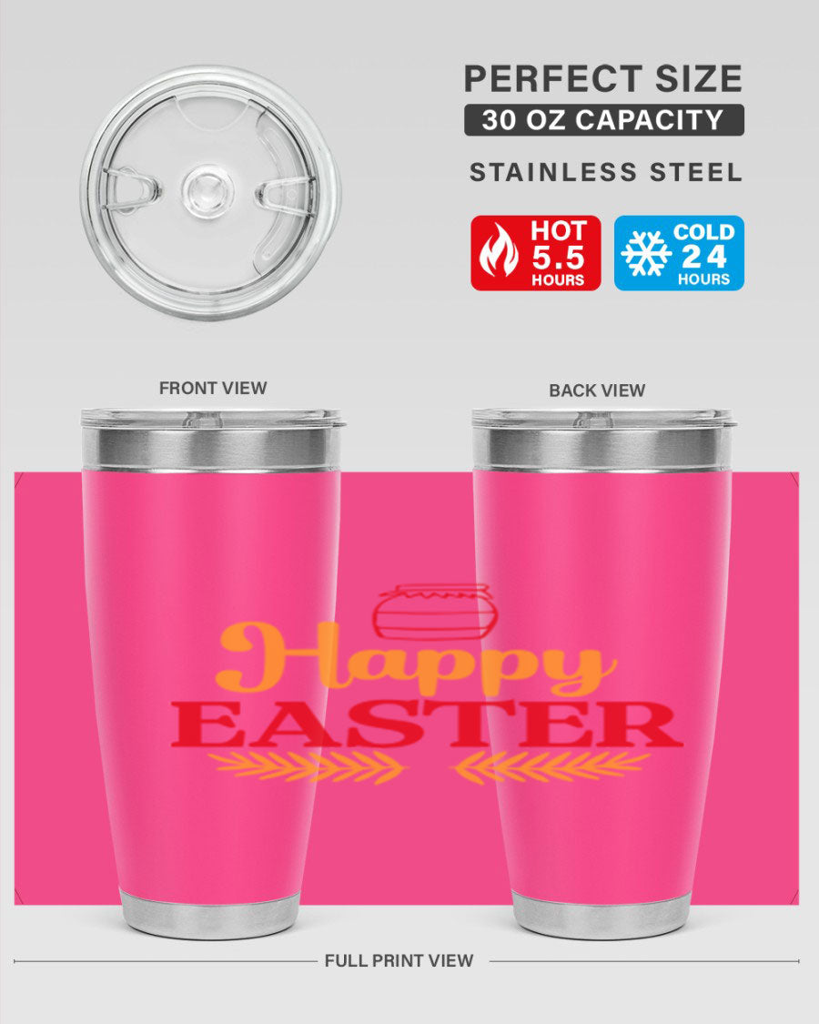 Happy Easter 157# Tumbler in vibrant colors, showcasing double wall vacuum stainless steel design with a drink-thru lid.