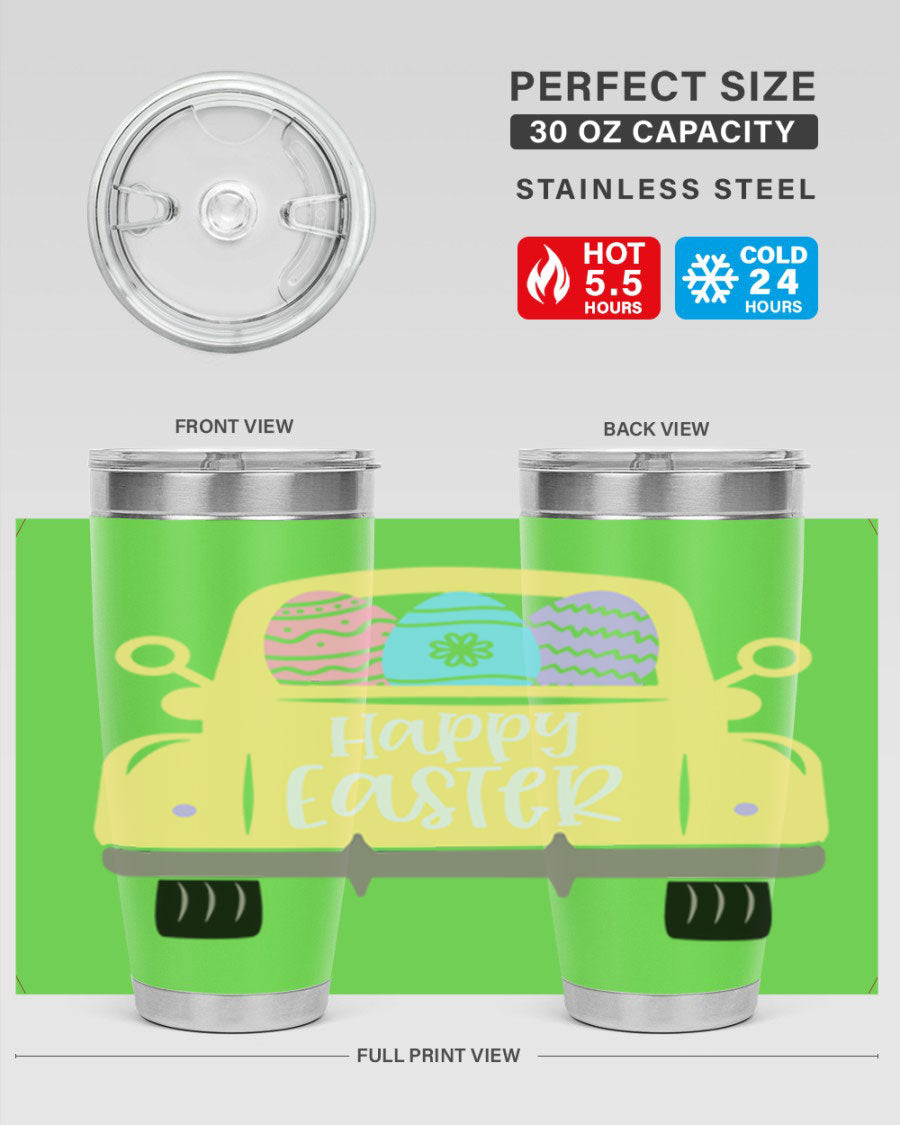 Happy Easter 43# Tumbler in 20oz and 30oz sizes, showcasing double wall vacuum stainless steel design with a festive Easter theme.