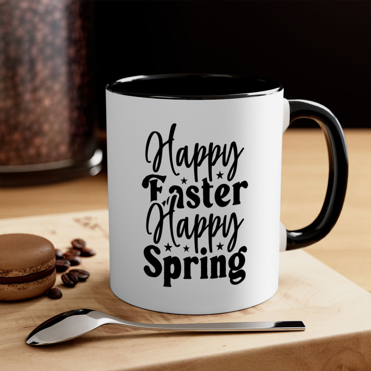Happy Easter Happy Spring Mug with a glossy finish and colorful handle, perfect for coffee or tea.