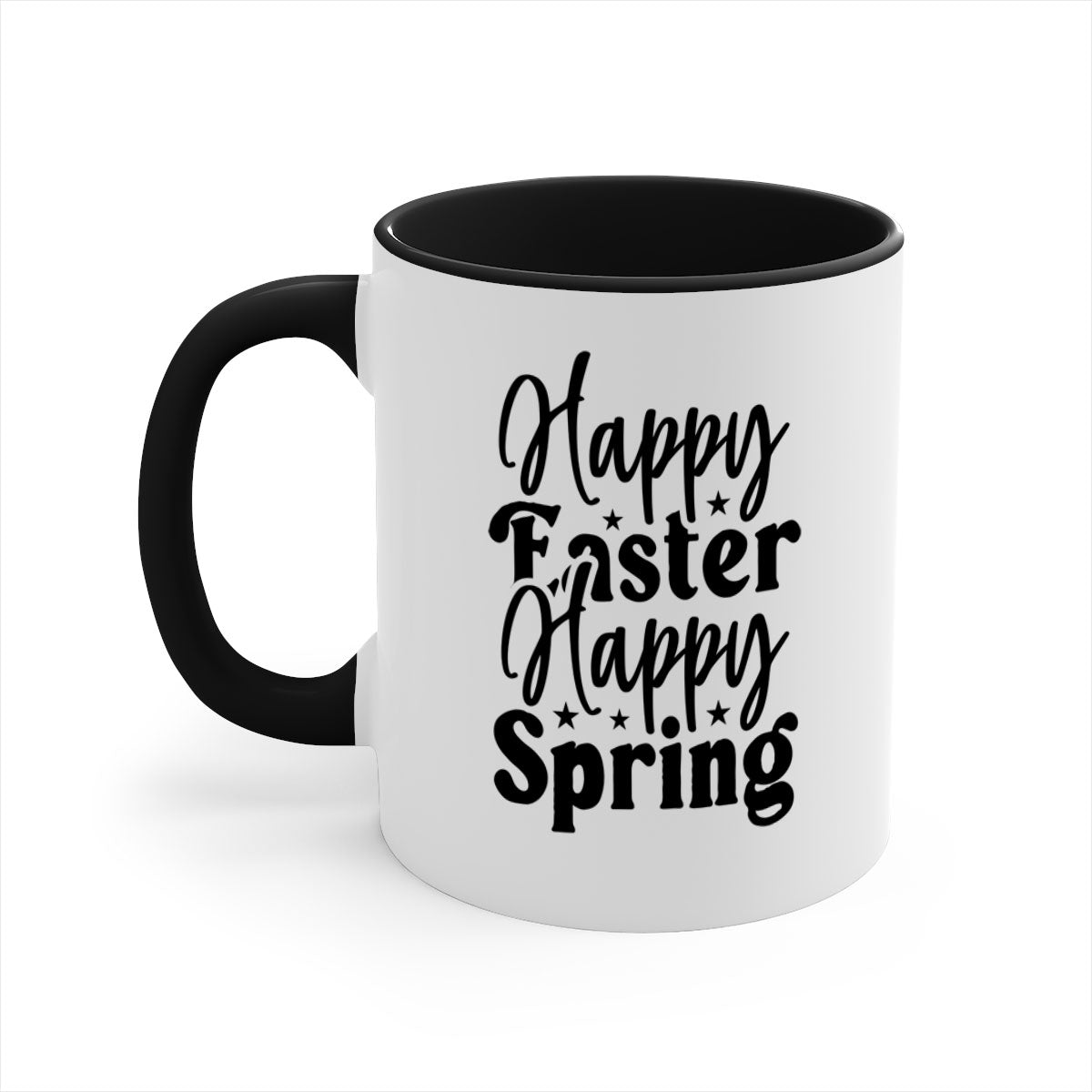 Happy Easter Happy Spring Mug with a glossy finish and colorful handle, perfect for coffee or tea.