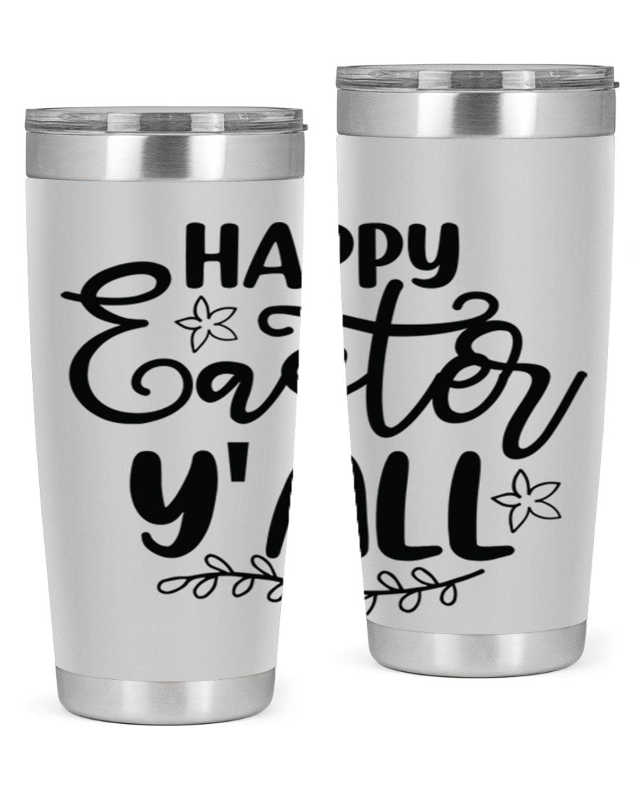 Happy Easter Y'all 20oz tumbler featuring a vibrant design, double wall vacuum insulation, and a drink-thru lid.