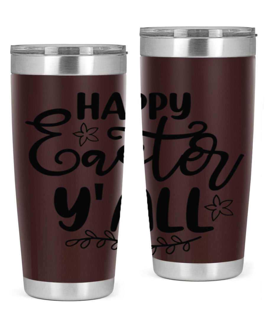 Happy Easter Y'all 20oz tumbler featuring a vibrant design, double wall vacuum insulation, and a drink-thru lid.
