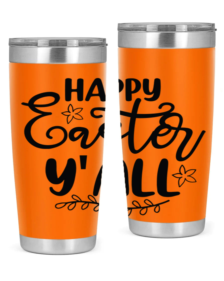 Happy Easter Y'all 20oz tumbler featuring a vibrant design, double wall vacuum insulation, and a drink-thru lid.