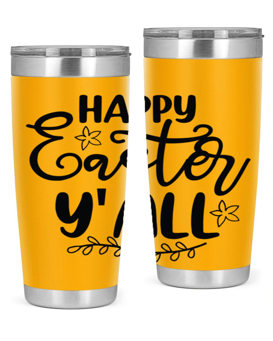 Happy Easter Y'all 20oz tumbler featuring a vibrant design, double wall vacuum insulation, and a drink-thru lid.