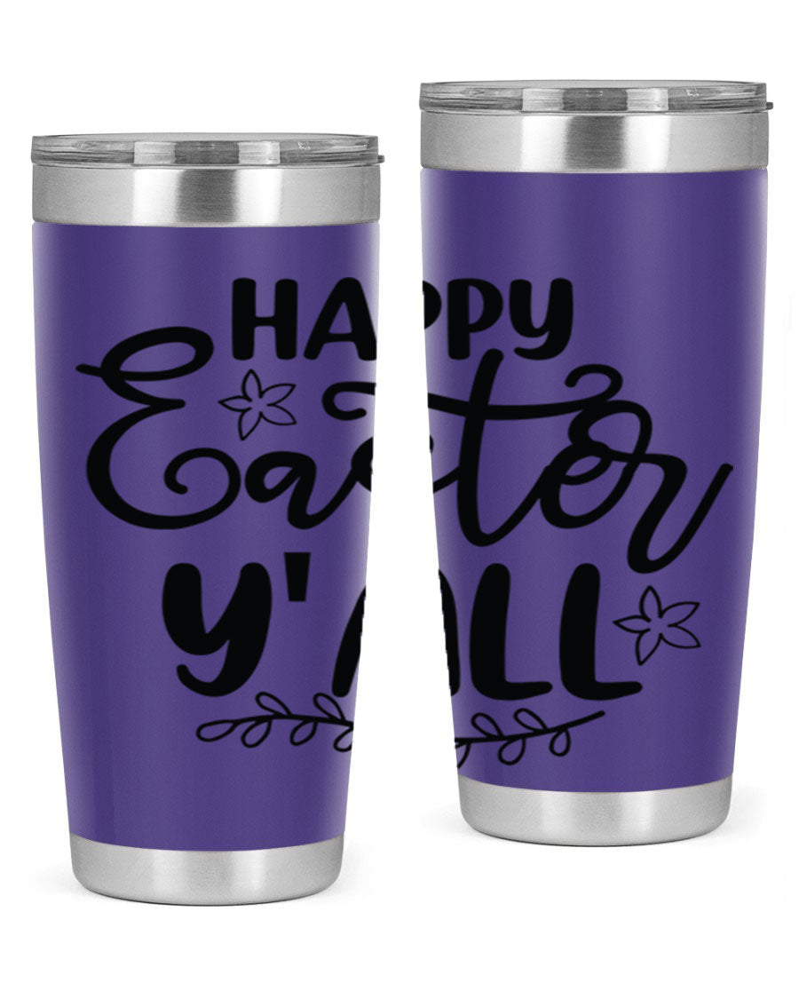 Happy Easter Y'all 20oz tumbler featuring a vibrant design, double wall vacuum insulation, and a drink-thru lid.