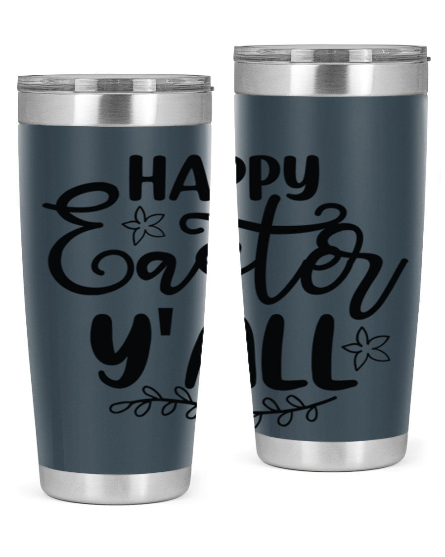 Happy Easter Y'all 20oz tumbler featuring a vibrant design, double wall vacuum insulation, and a drink-thru lid.