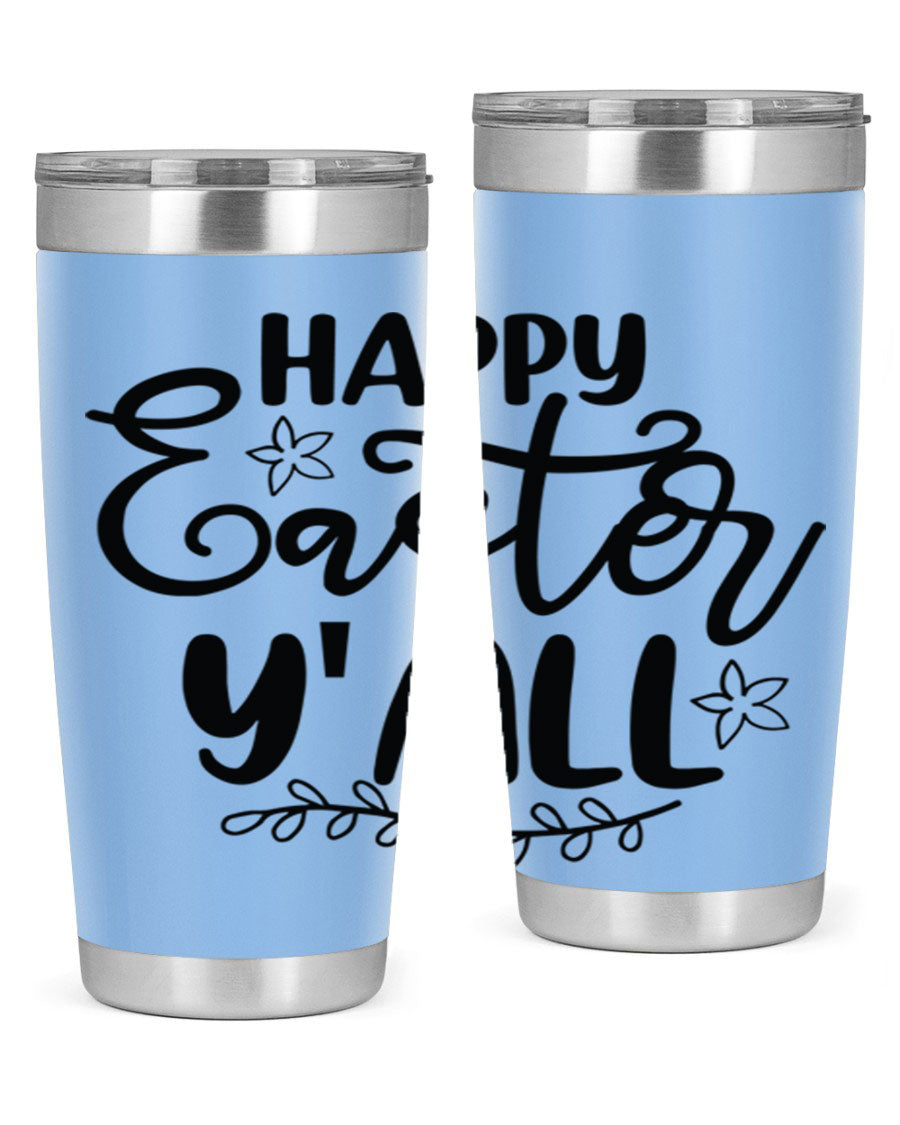 Happy Easter Y'all 20oz tumbler featuring a vibrant design, double wall vacuum insulation, and a drink-thru lid.