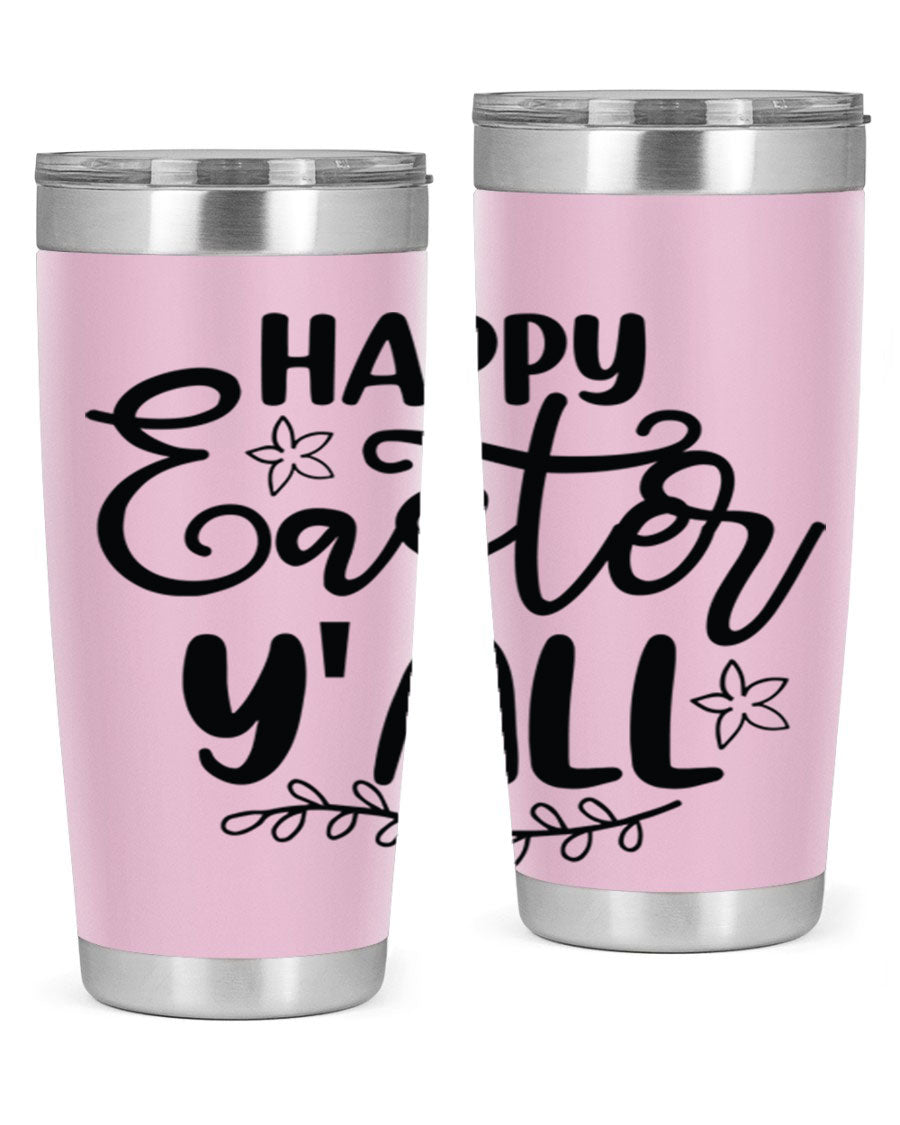 Happy Easter Y'all 20oz tumbler featuring a vibrant design, double wall vacuum insulation, and a drink-thru lid.