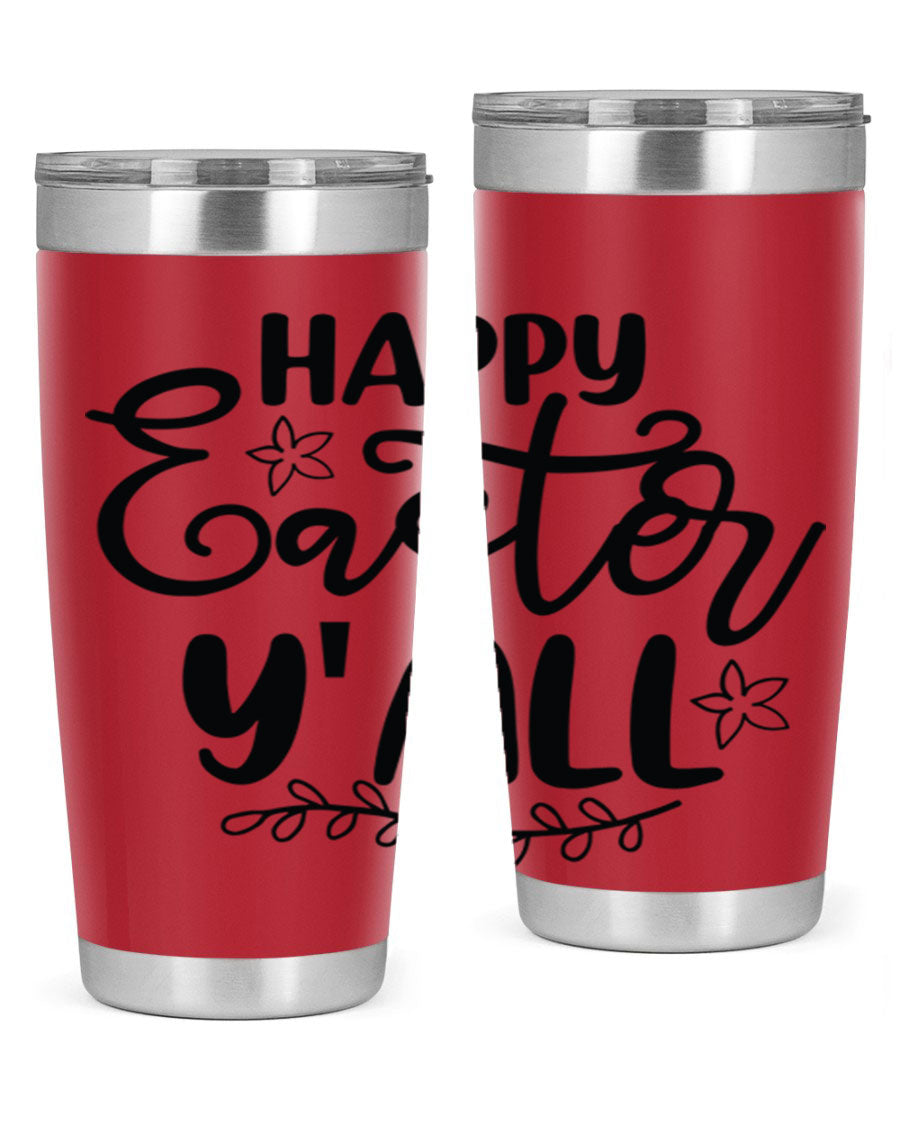 Happy Easter Y'all 20oz tumbler featuring a vibrant design, double wall vacuum insulation, and a drink-thru lid.