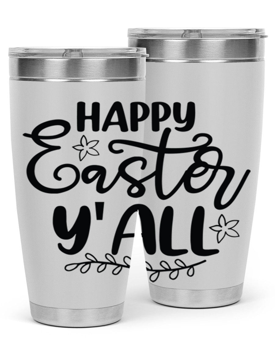 Happy Easter Y'all 20oz tumbler featuring a vibrant design, double wall vacuum insulation, and a drink-thru lid.