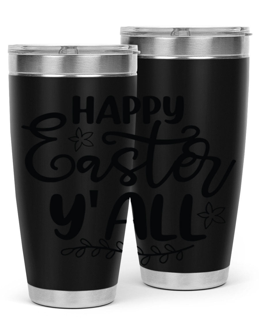 Happy Easter Y'all 20oz tumbler featuring a vibrant design, double wall vacuum insulation, and a drink-thru lid.