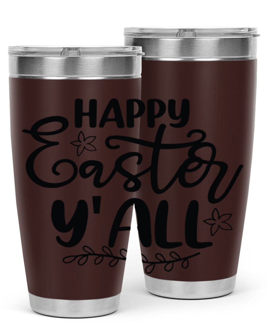 Happy Easter Y'all 20oz tumbler featuring a vibrant design, double wall vacuum insulation, and a drink-thru lid.