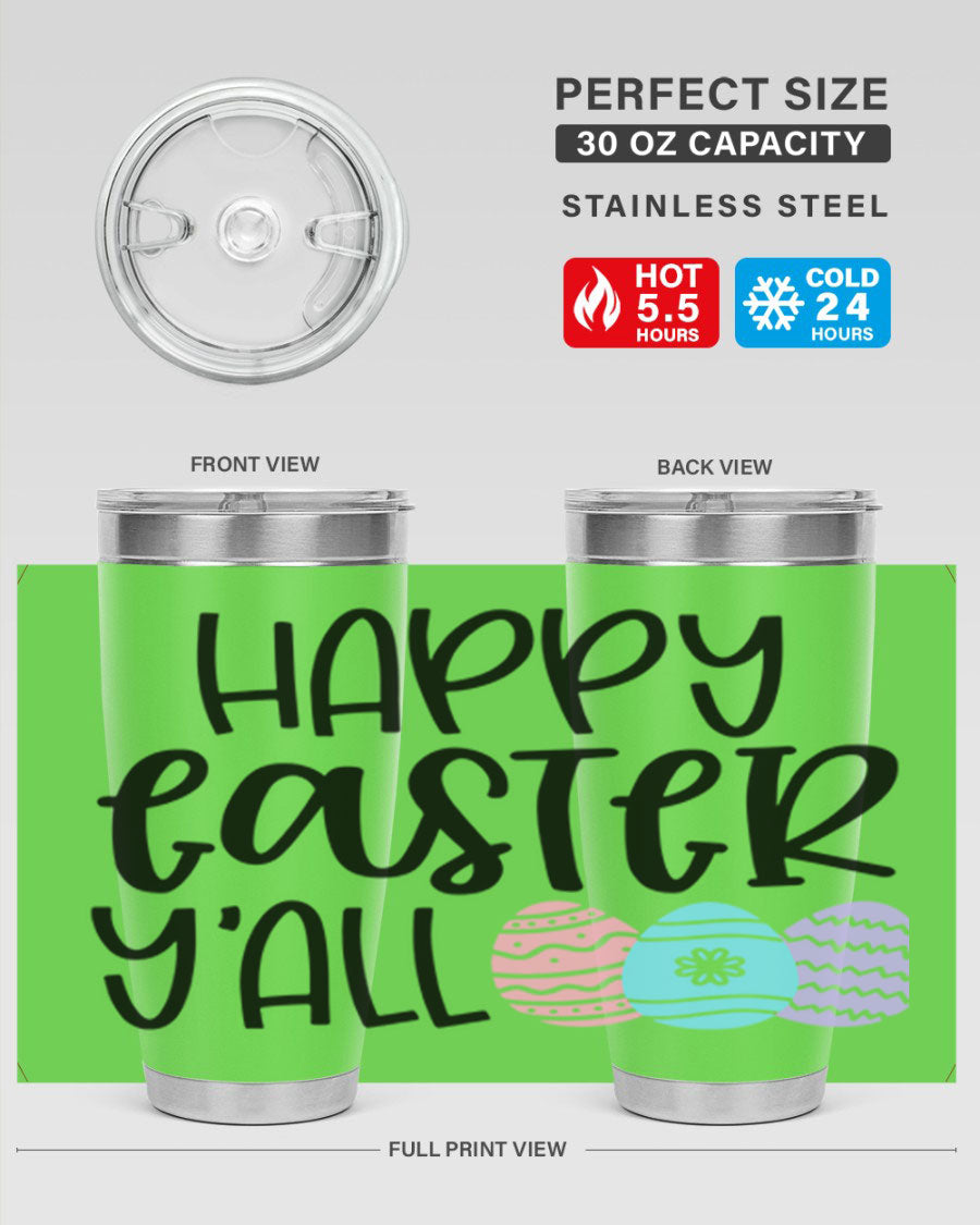 Happy Easter Y'all 20oz Tumbler featuring double wall vacuum stainless steel design with vibrant Easter-themed print.