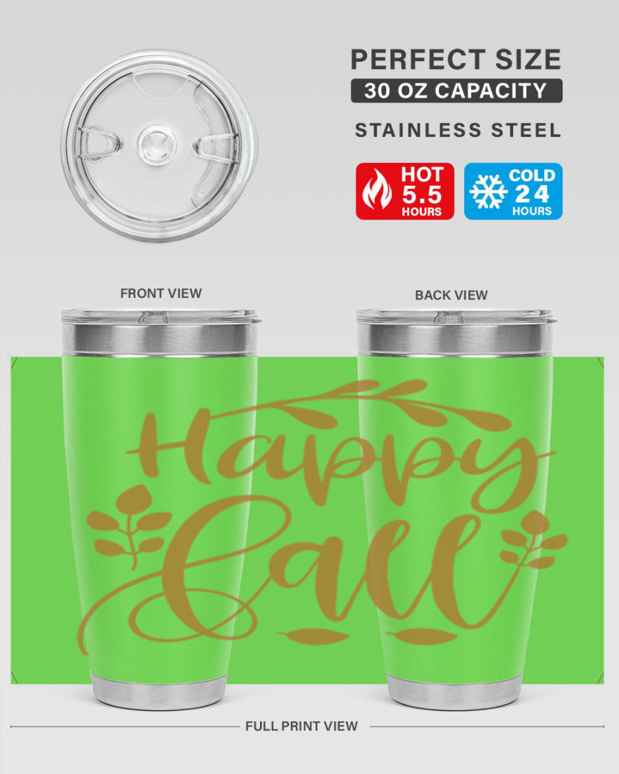 Happy Fall 236# Tumbler in 20oz and 30oz sizes, showcasing double wall vacuum stainless steel with copper lining and a drink-thru lid.