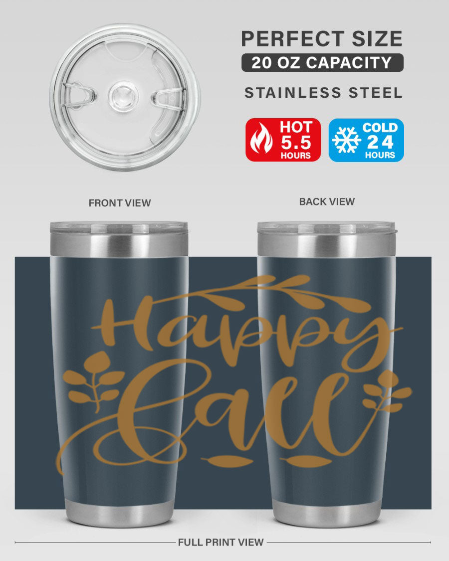 Happy Fall 236# Tumbler in 20oz and 30oz sizes, showcasing double wall vacuum stainless steel with copper lining and a drink-thru lid.