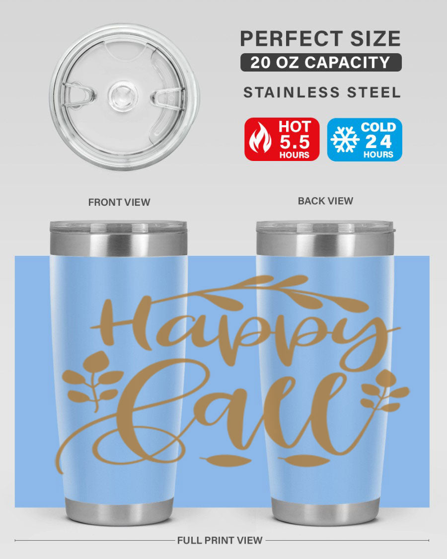 Happy Fall 236# Tumbler in 20oz and 30oz sizes, showcasing double wall vacuum stainless steel with copper lining and a drink-thru lid.