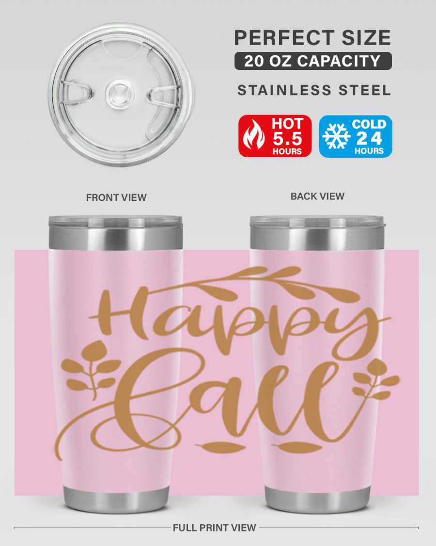 Happy Fall 236# Tumbler in 20oz and 30oz sizes, showcasing double wall vacuum stainless steel with copper lining and a drink-thru lid.