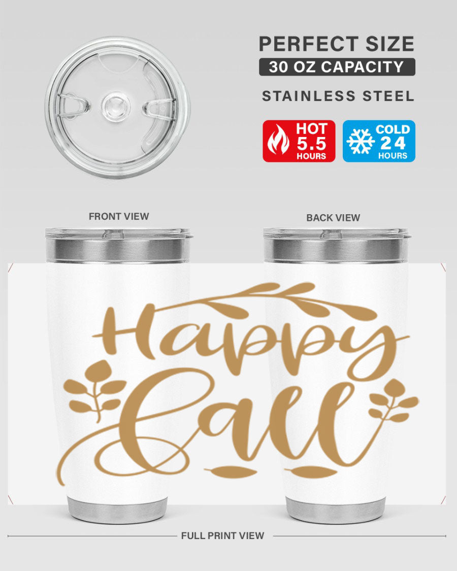 Happy Fall 236# Tumbler in 20oz and 30oz sizes, showcasing double wall vacuum stainless steel with copper lining and a drink-thru lid.