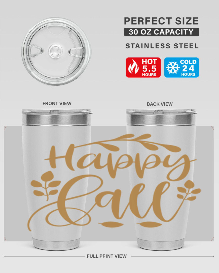Happy Fall 236# Tumbler in 20oz and 30oz sizes, showcasing double wall vacuum stainless steel with copper lining and a drink-thru lid.