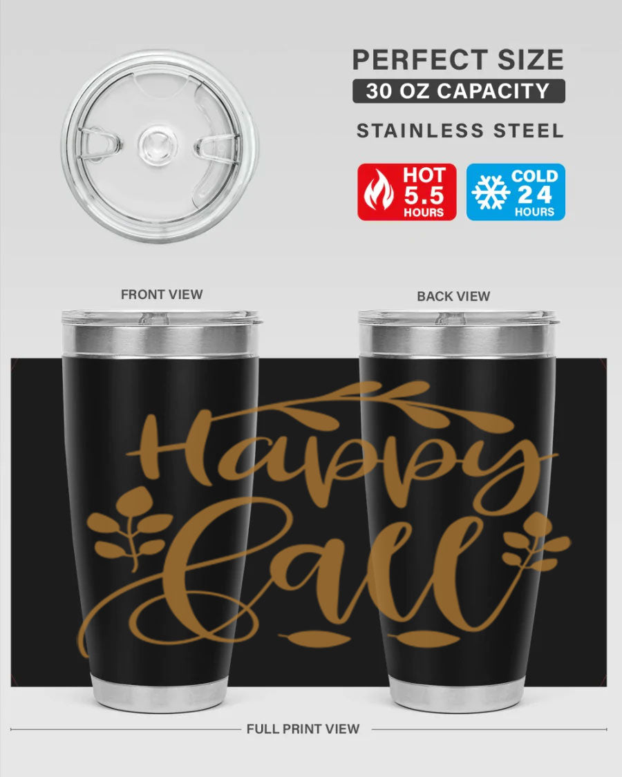 Happy Fall 236# Tumbler in 20oz and 30oz sizes, showcasing double wall vacuum stainless steel with copper lining and a drink-thru lid.