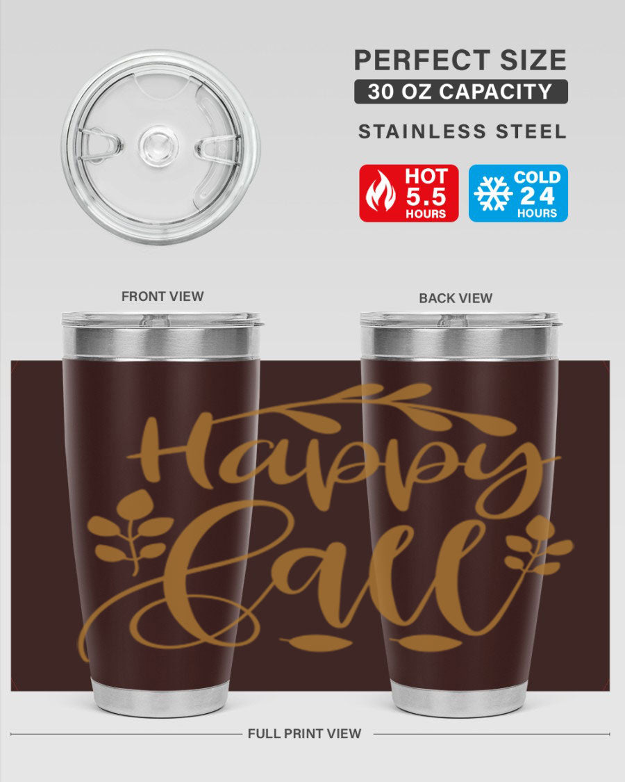 Happy Fall 236# Tumbler in 20oz and 30oz sizes, showcasing double wall vacuum stainless steel with copper lining and a drink-thru lid.