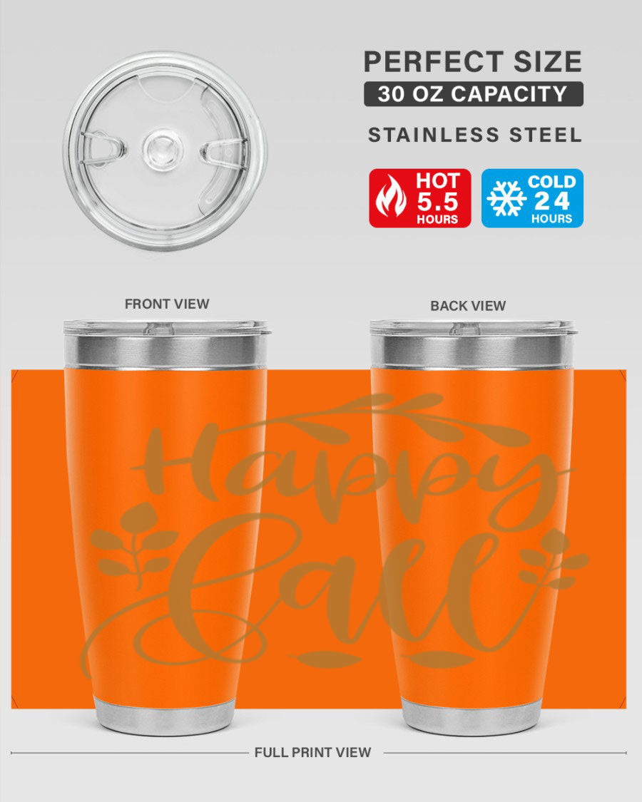 Happy Fall 236# Tumbler in 20oz and 30oz sizes, showcasing double wall vacuum stainless steel with copper lining and a drink-thru lid.