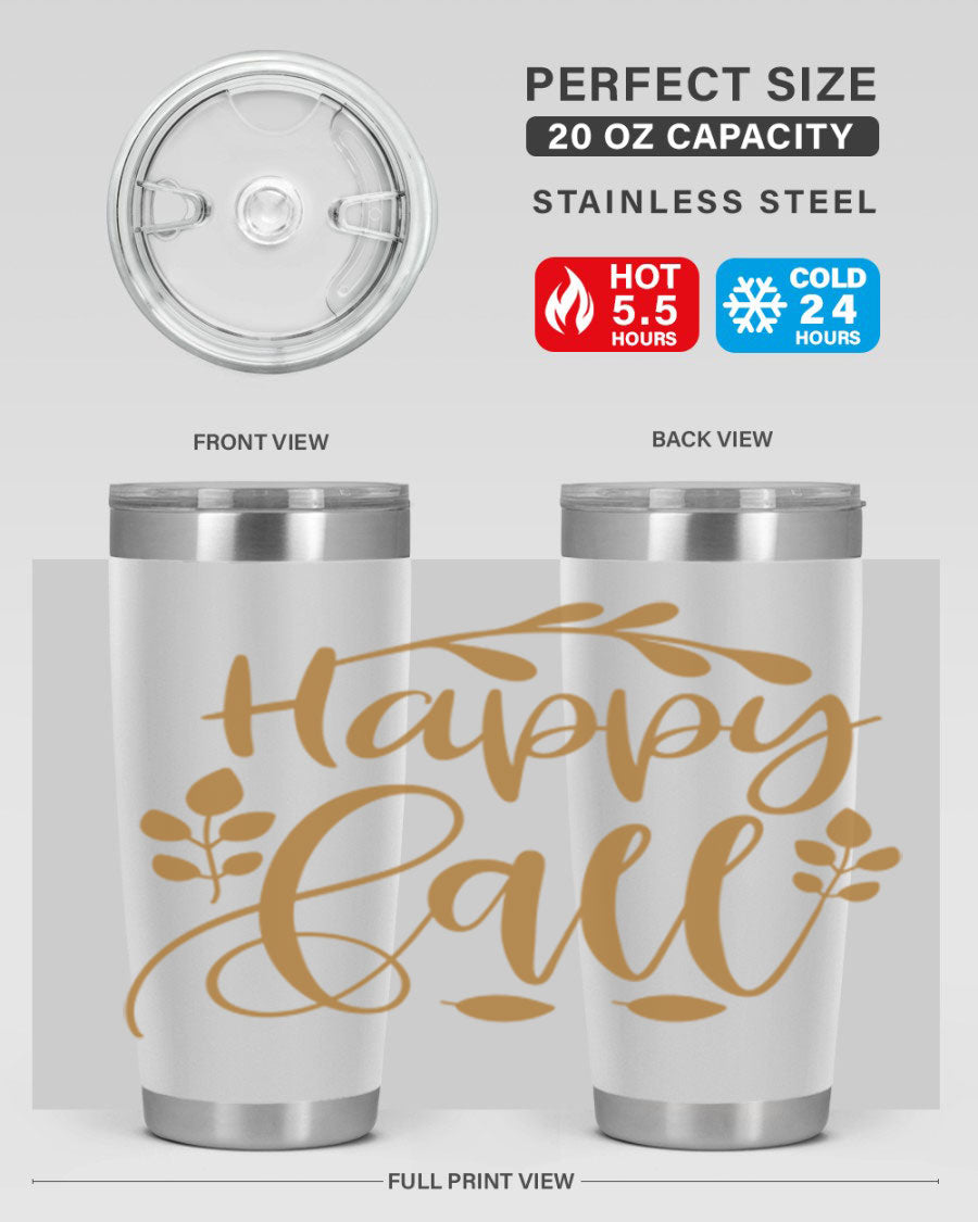 Happy Fall 236# Tumbler in 20oz and 30oz sizes, showcasing double wall vacuum stainless steel with copper lining and a drink-thru lid.
