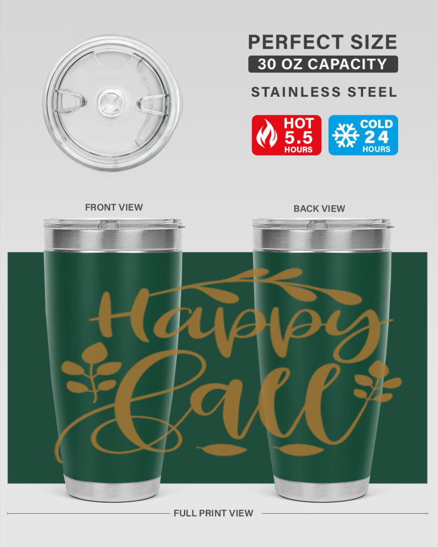 Happy Fall 236# Tumbler in 20oz and 30oz sizes, showcasing double wall vacuum stainless steel with copper lining and a drink-thru lid.