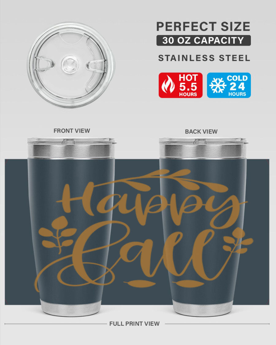 Happy Fall 236# Tumbler in 20oz and 30oz sizes, showcasing double wall vacuum stainless steel with copper lining and a drink-thru lid.