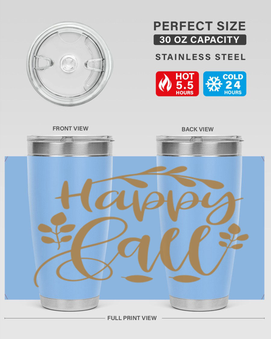 Happy Fall 236# Tumbler in 20oz and 30oz sizes, showcasing double wall vacuum stainless steel with copper lining and a drink-thru lid.