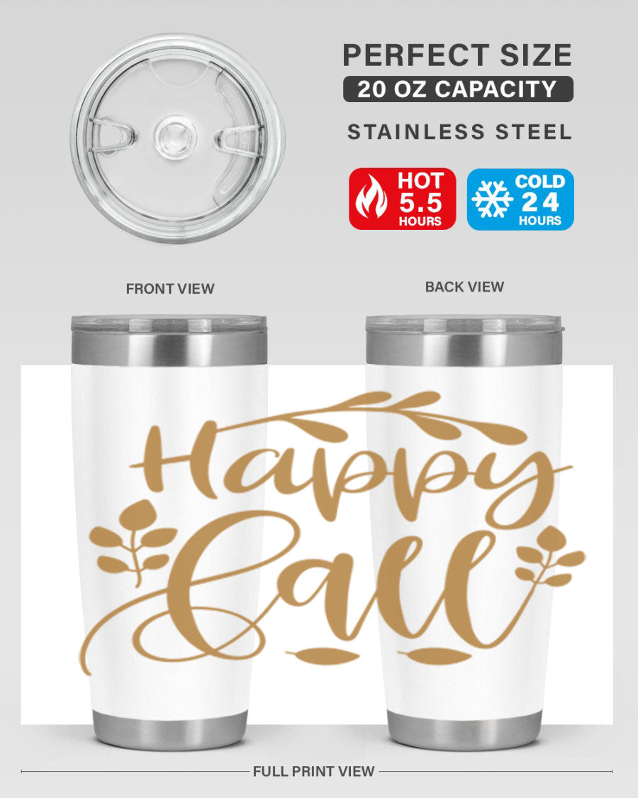 Happy Fall 236# Tumbler in 20oz and 30oz sizes, showcasing double wall vacuum stainless steel with copper lining and a drink-thru lid.