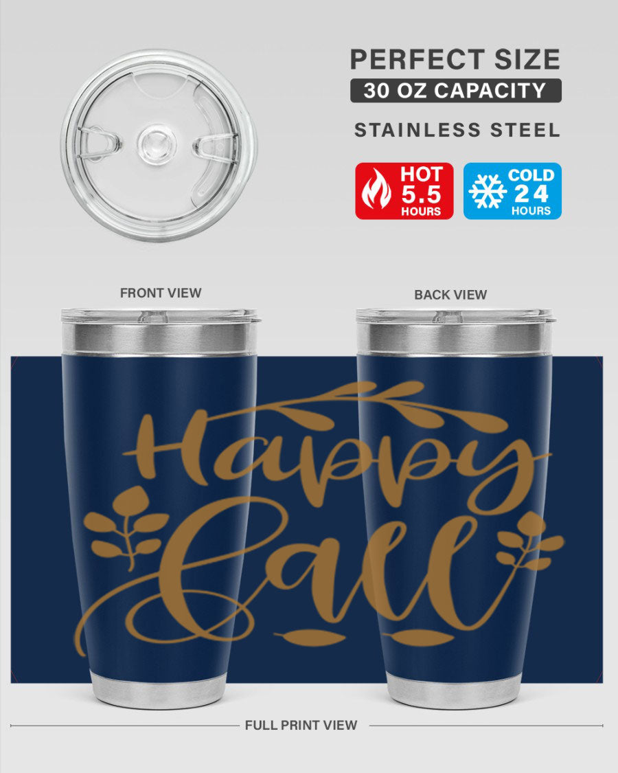 Happy Fall 236# Tumbler in 20oz and 30oz sizes, showcasing double wall vacuum stainless steel with copper lining and a drink-thru lid.