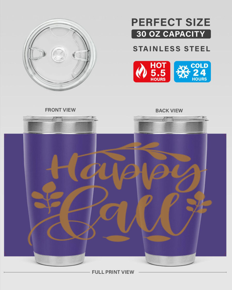 Happy Fall 236# Tumbler in 20oz and 30oz sizes, showcasing double wall vacuum stainless steel with copper lining and a drink-thru lid.