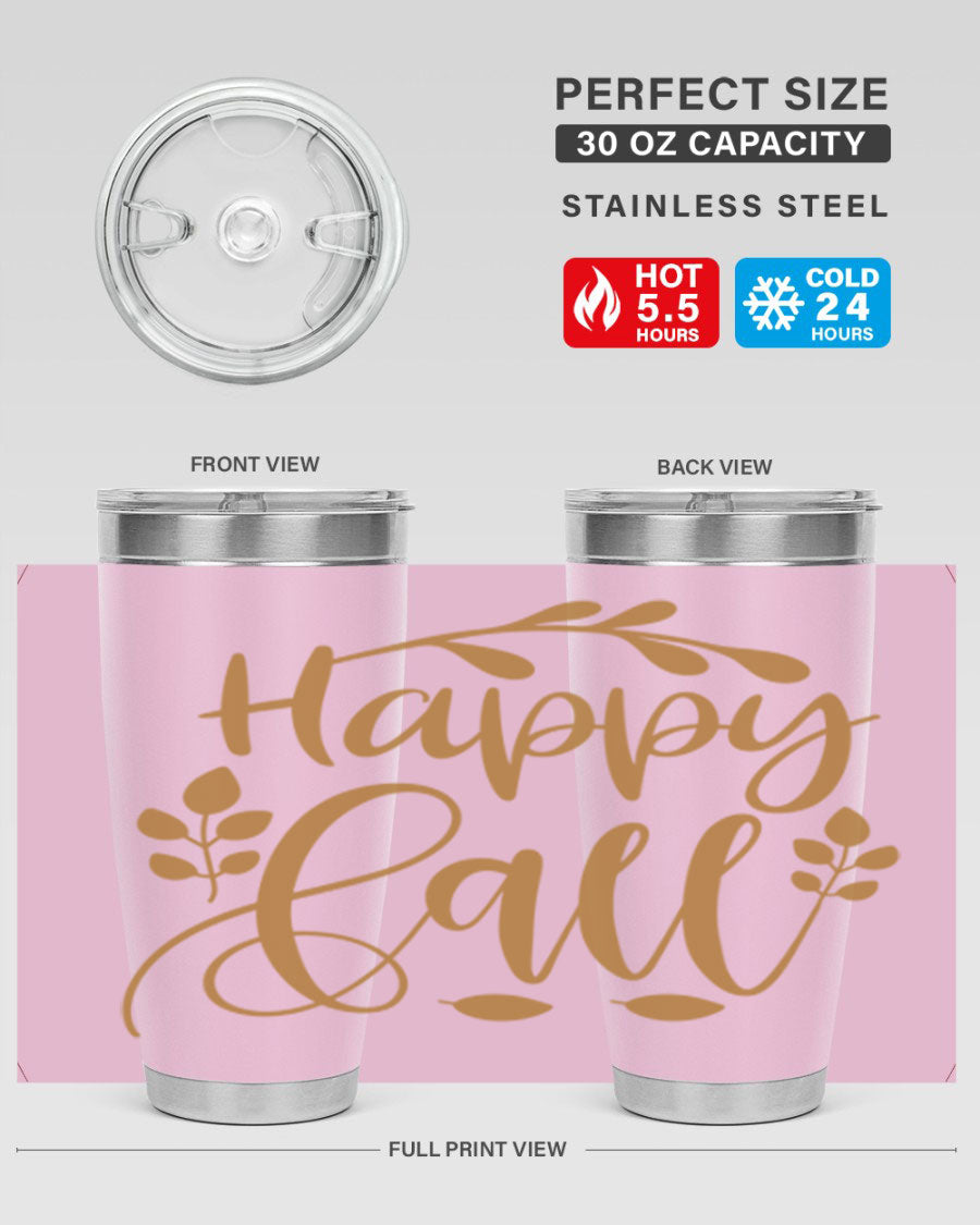 Happy Fall 236# Tumbler in 20oz and 30oz sizes, showcasing double wall vacuum stainless steel with copper lining and a drink-thru lid.