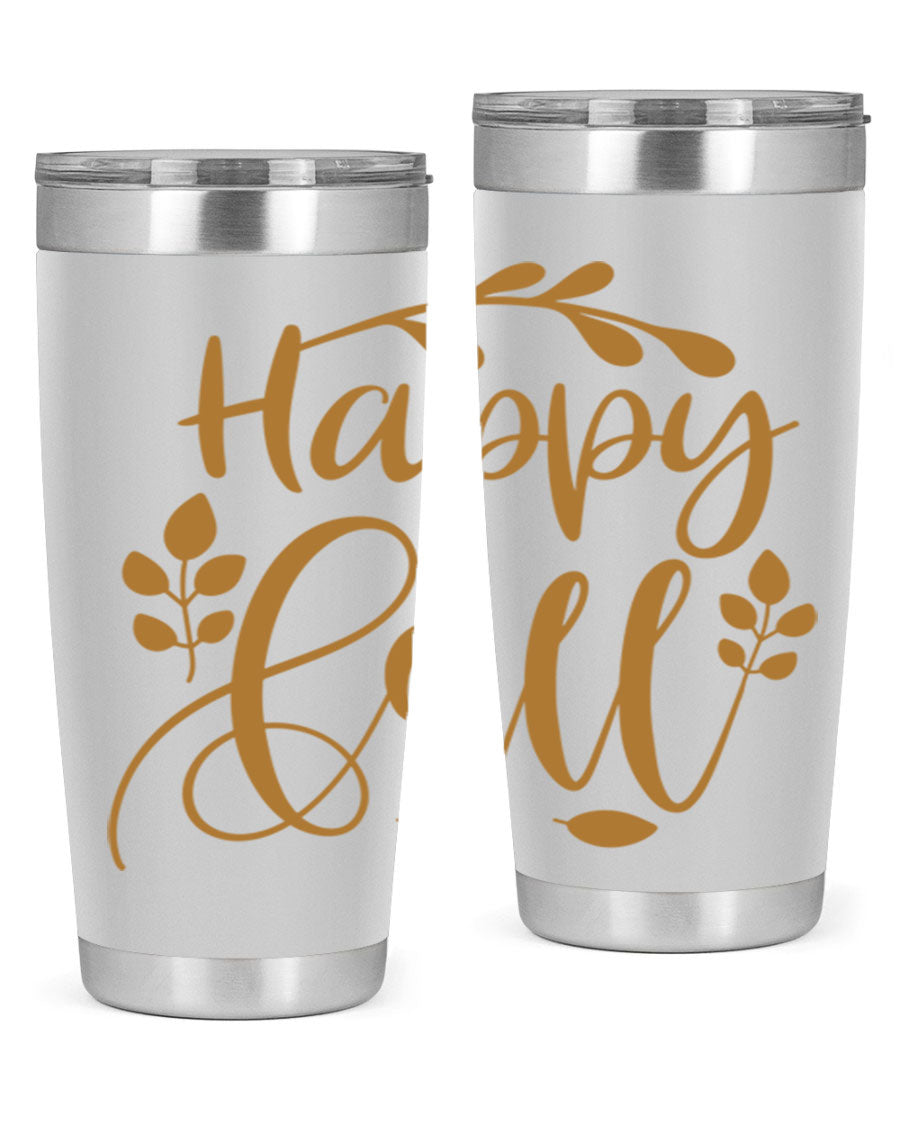 Happy Fall 236# Tumbler in 20oz and 30oz sizes, showcasing double wall vacuum stainless steel with copper lining and a drink-thru lid.
