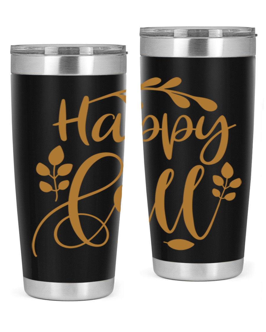 Happy Fall 236# Tumbler in 20oz and 30oz sizes, showcasing double wall vacuum stainless steel with copper lining and a drink-thru lid.