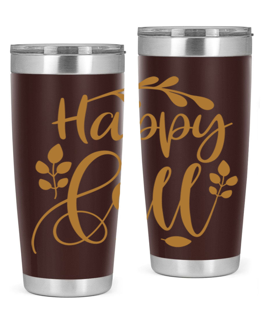 Happy Fall 236# Tumbler in 20oz and 30oz sizes, showcasing double wall vacuum stainless steel with copper lining and a drink-thru lid.
