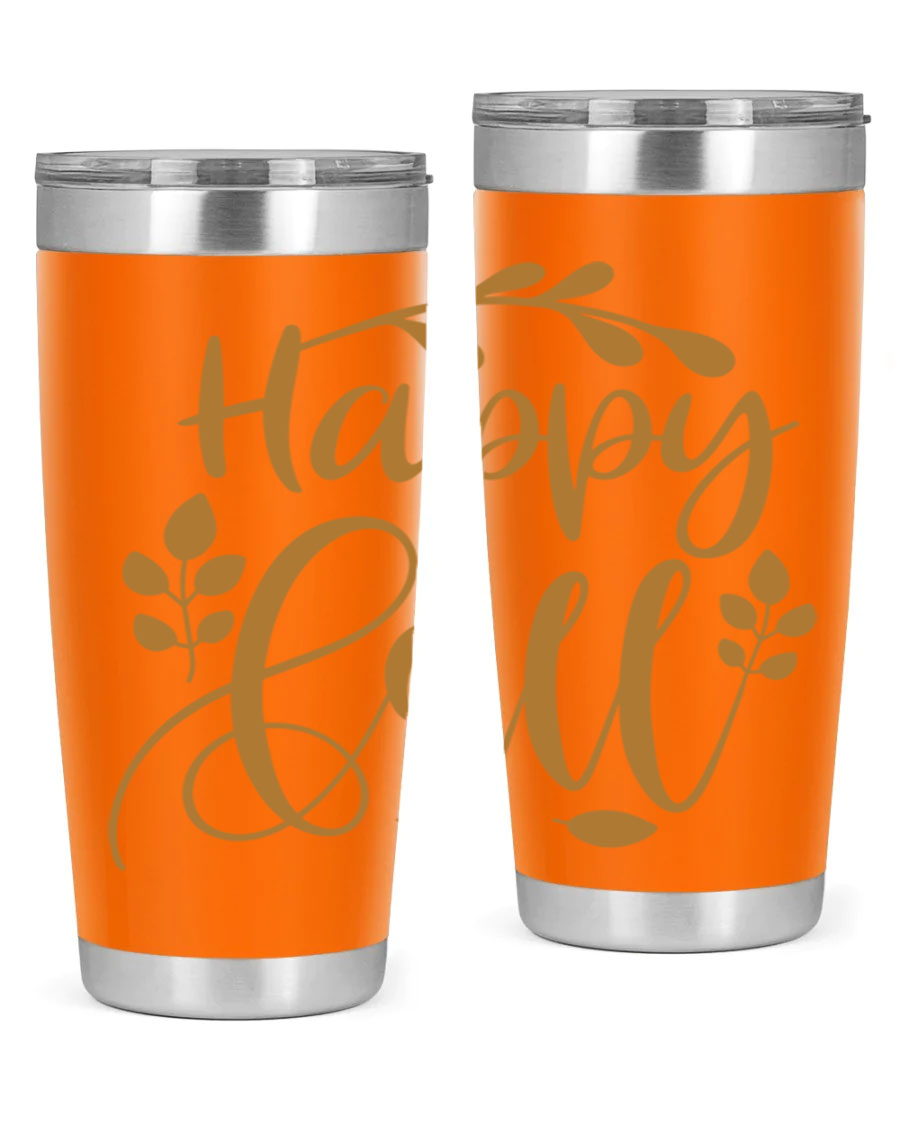 Happy Fall 236# Tumbler in 20oz and 30oz sizes, showcasing double wall vacuum stainless steel with copper lining and a drink-thru lid.